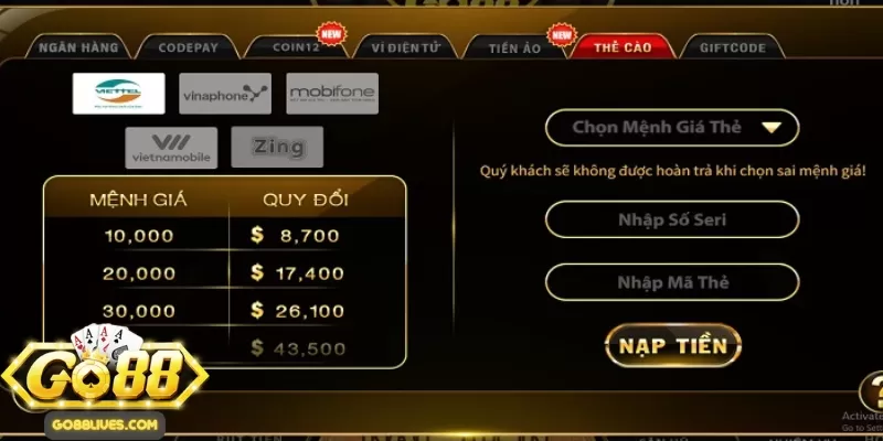 Các lưu ý quan trọng khi anh em tiến hành nạp tiền Go88