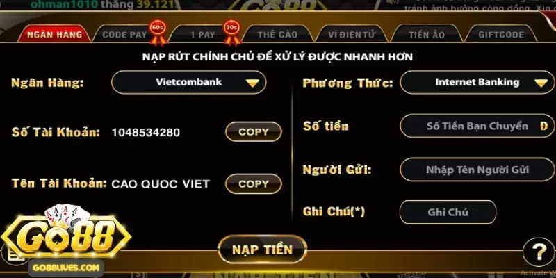 Nạp tiền qua hình thức chuyển ngân hàng